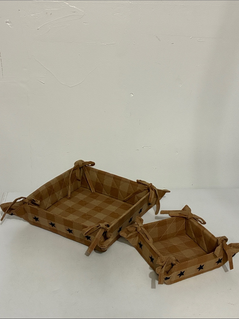Tan Checkered Fabric Storage Baskets - Set of 2